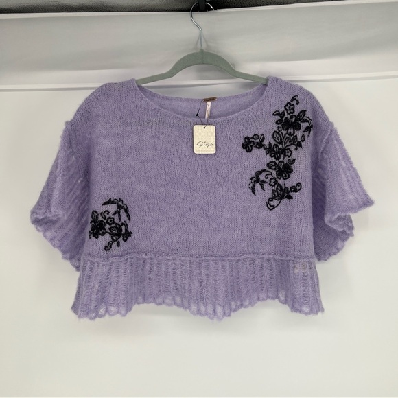 Free People Purple Embroidered Alpaca Blend Cropped Pointelle Knit Sweater S NWT - Picture 2 of 10